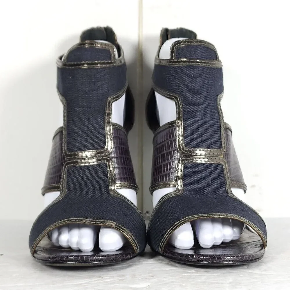 Tory Burch Women's US 10M Blue Canvas Leather Animal Print Cut-Out Heeled Sandal